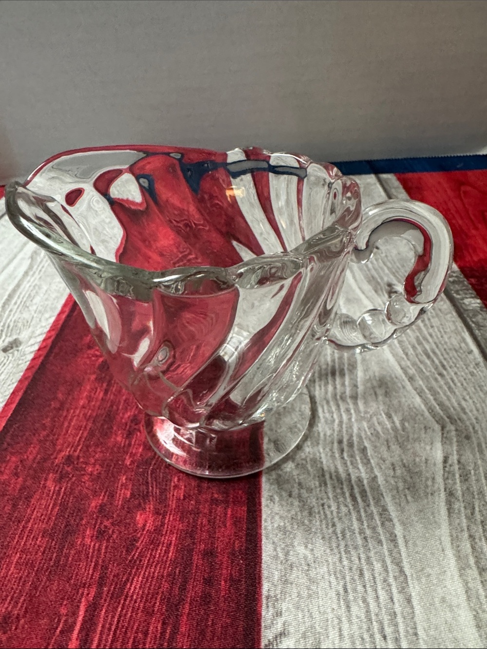 Clear Vintage Glass Pedestal Creamer with Scrolled Handle